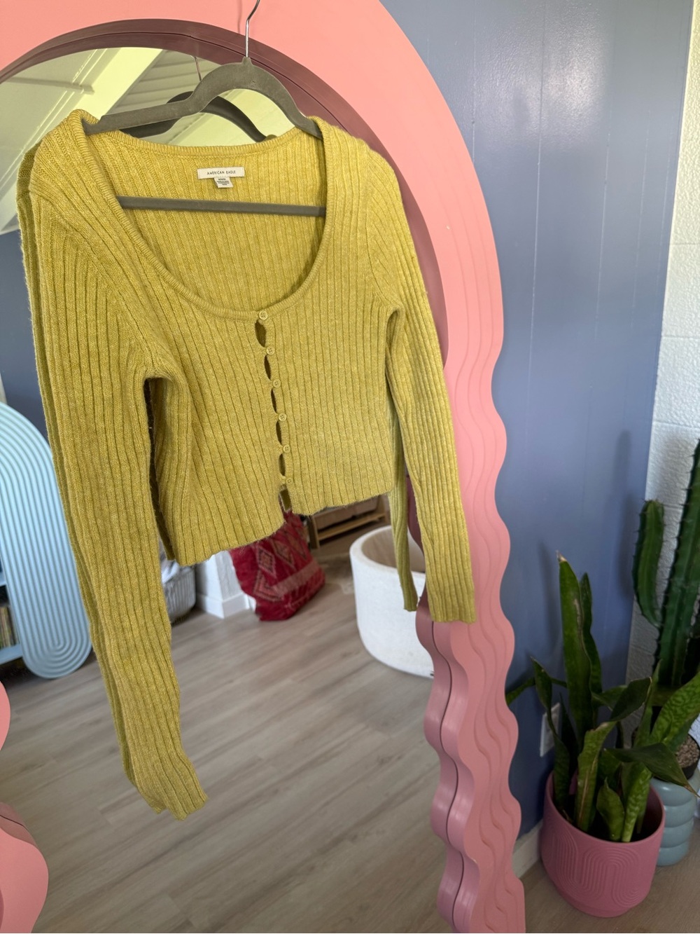 American Eagle Outfitters Ribbed Scoop-Neck Button Cardigan - Mustard